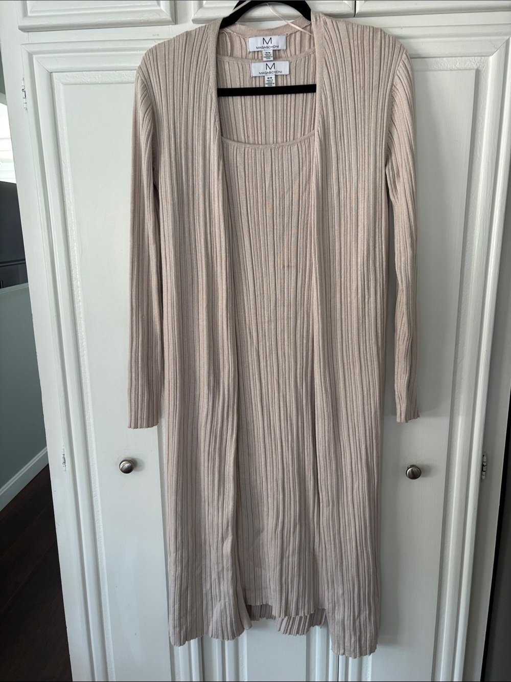 Magaschoni Ribbed Two-Piece Dress and Long Cardigan in Light Beige